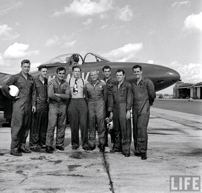 The Blue Angels flight team at NAS Whiting Field, circa 1949. LCDR Magda stands third from the left. (Copyright: Life Magazine)